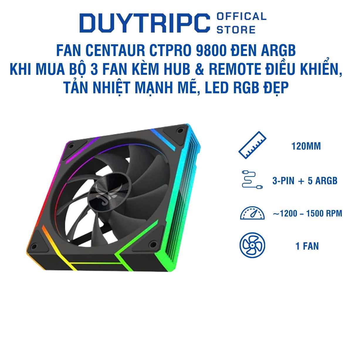 Fan Centaur CTPRO 9800 Đen ARGB – Bộ 3 Fan Kèm Hub & Remote Điều Khiển, Tản Nhiệt Mạnh Mẽ, Led RGB Đẹp